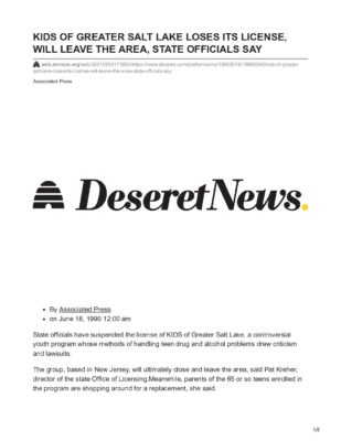 Web.archive.org-Kids OF GREATER SALT LAKE LOSES ITS LICENSE WILL LEAVE THE AREA STATE OFFICIALS SAY