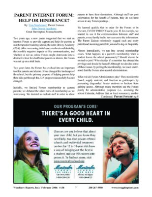 Woodbury Reports, February 2006 (#138), Pp. 7, 14, 15: John Dewey Academy