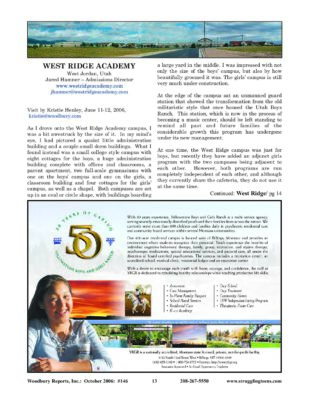 Woodbury Reports, October 2006 (#146), Pp. 13-16: West Ridge Academy